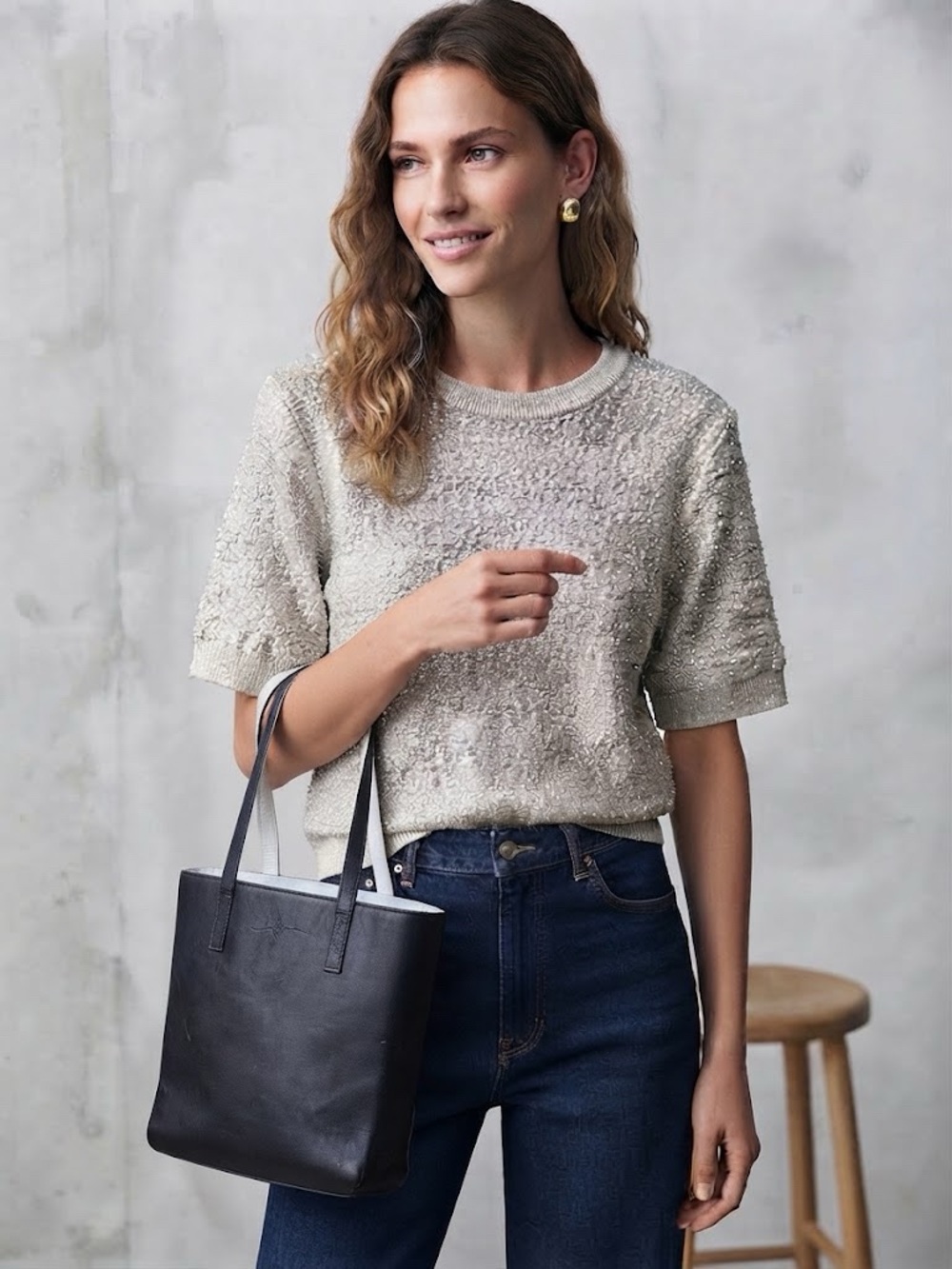 Zara Shimmery Textured Short-Sleeve Sweater